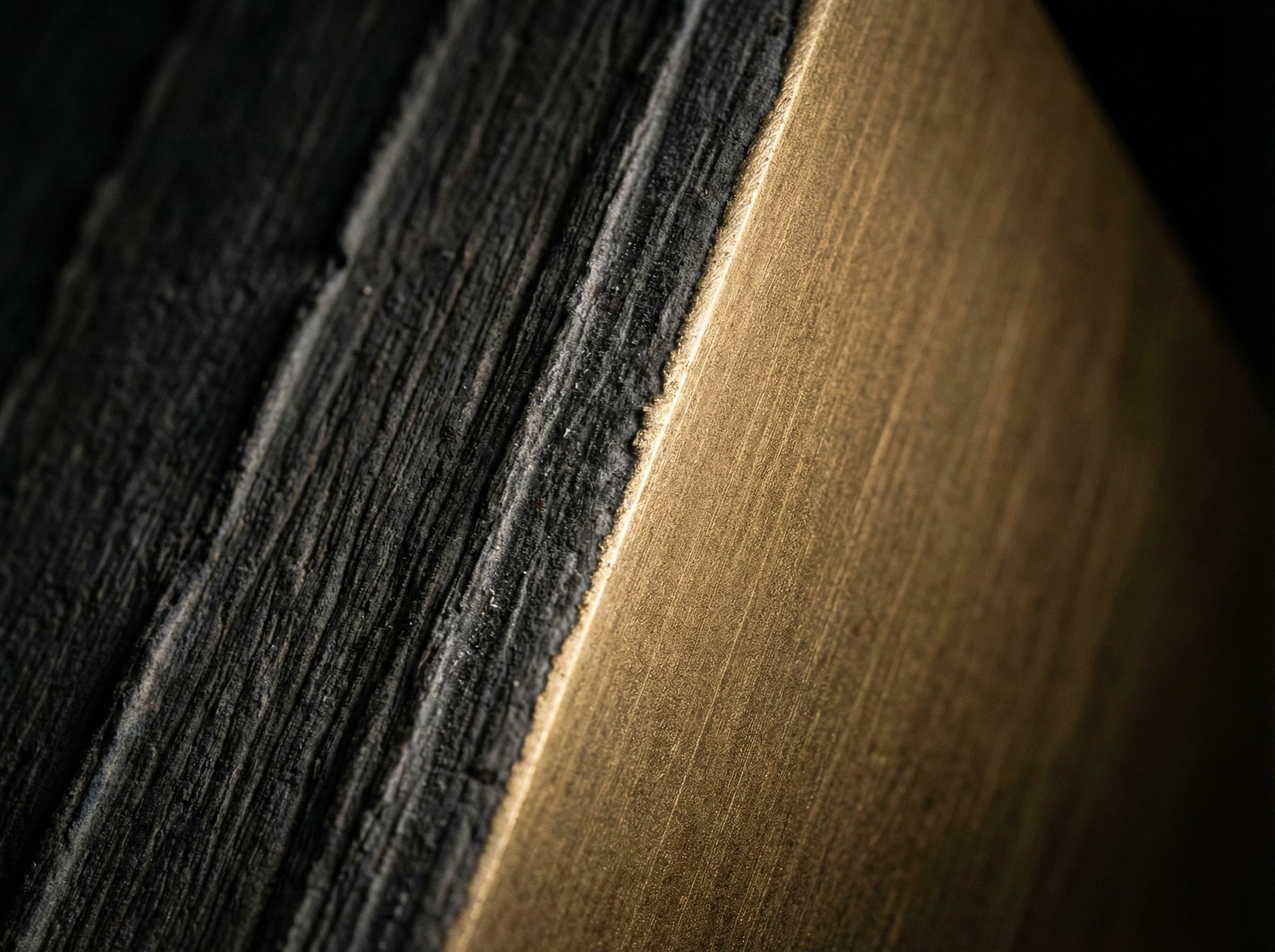 Board-formed concrete meets brushed gold metal — macro texture study